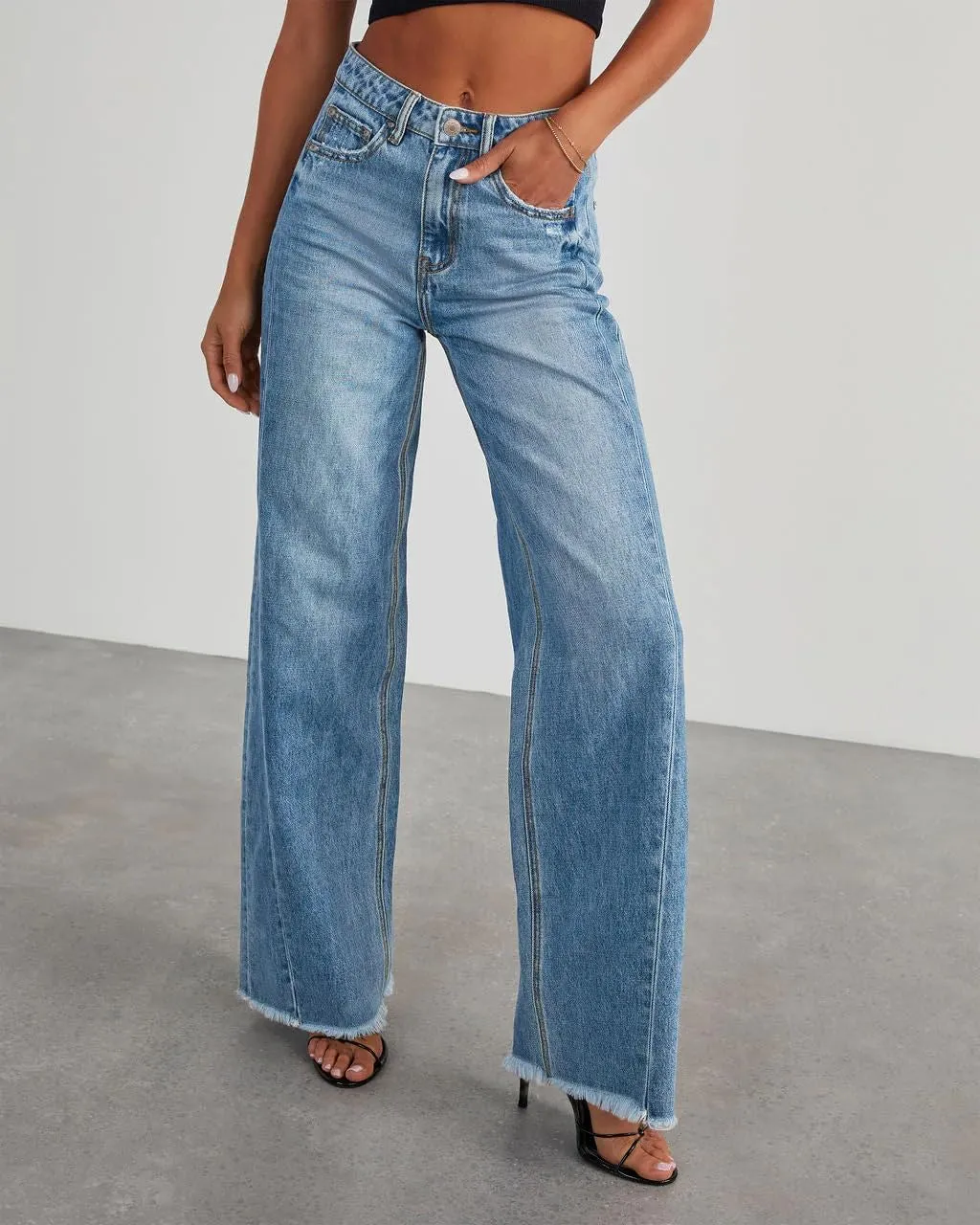 HTD Women's Wide Leg Jeans Casual Baggy Denim Pants with Frayed Raw Hem