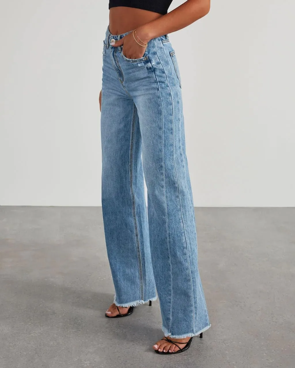 HTD Women's Wide Leg Jeans Casual Baggy Denim Pants with Frayed Raw Hem