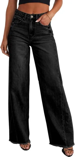 HTD Women's Wide Leg Jeans Casual Baggy Denim Pants with Frayed Raw Hem