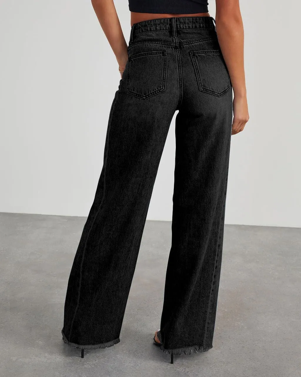 HTD Women's Wide Leg Jeans Casual Baggy Denim Pants with Frayed Raw Hem