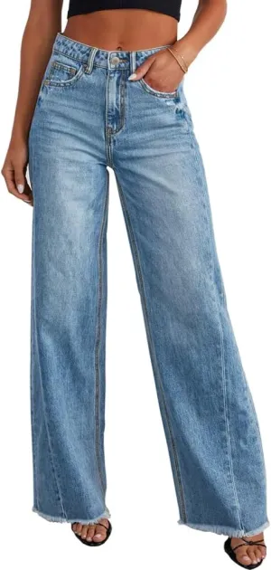 HTD Women's Wide Leg Jeans Casual Baggy Denim Pants with Frayed Raw Hem