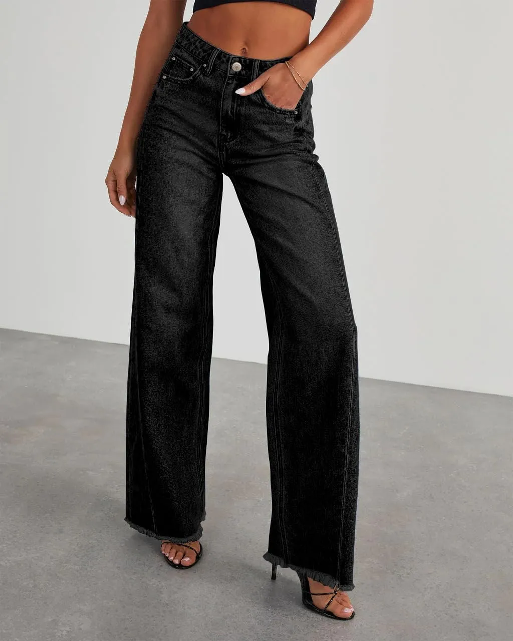 HTD Women's Wide Leg Jeans Casual Baggy Denim Pants with Frayed Raw Hem