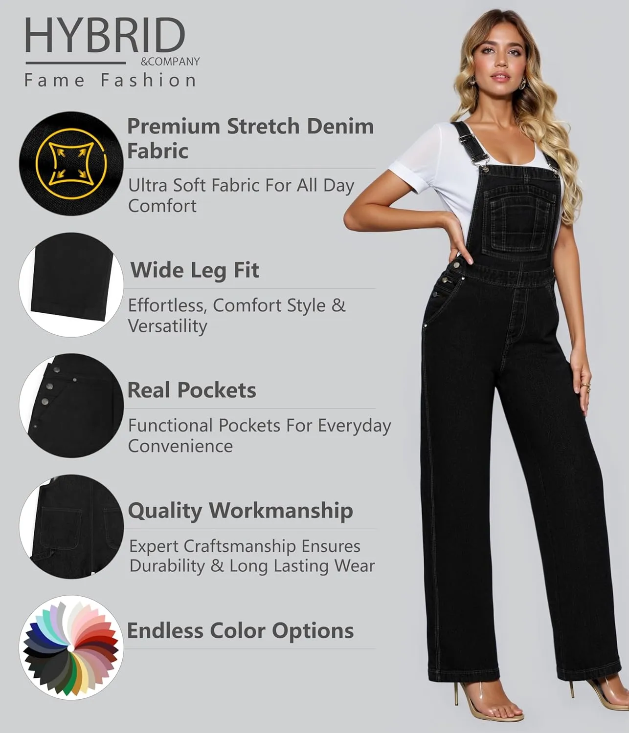 Hybrid & Company Womens Super Comfy Stretch Denim jumpsuit Pants Overalls