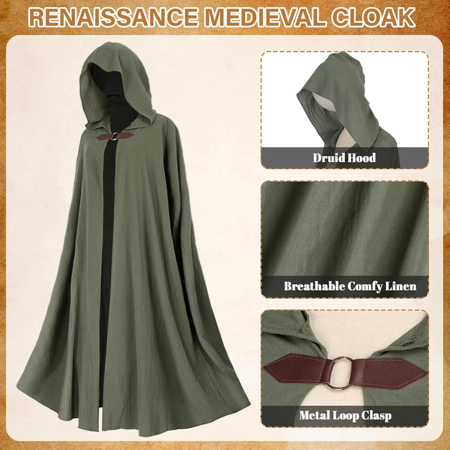 Ibeauti Renaissance Hooded Cloak Linen Cloak Halloween Medieval Costume Cape Women Men