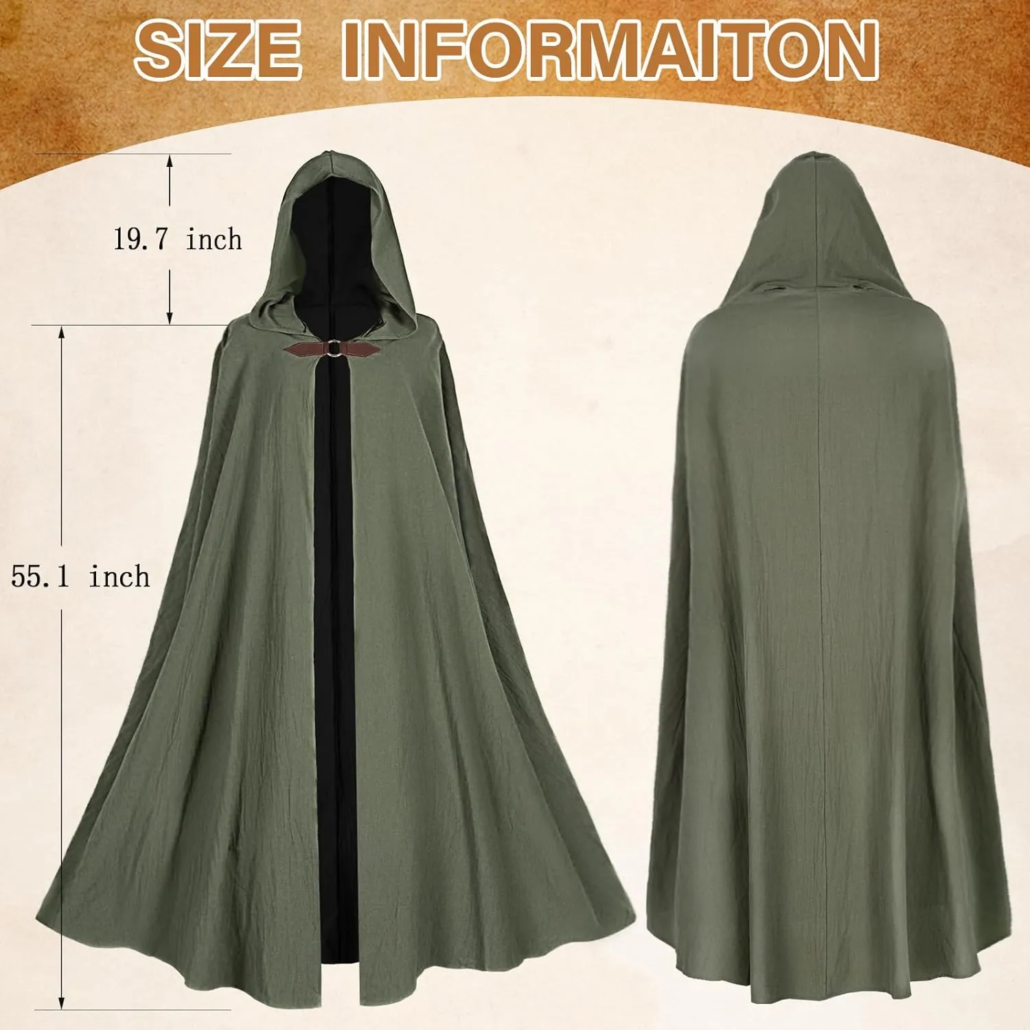 Ibeauti Renaissance Hooded Cloak Linen Cloak Halloween Medieval Costume Cape Women Men
