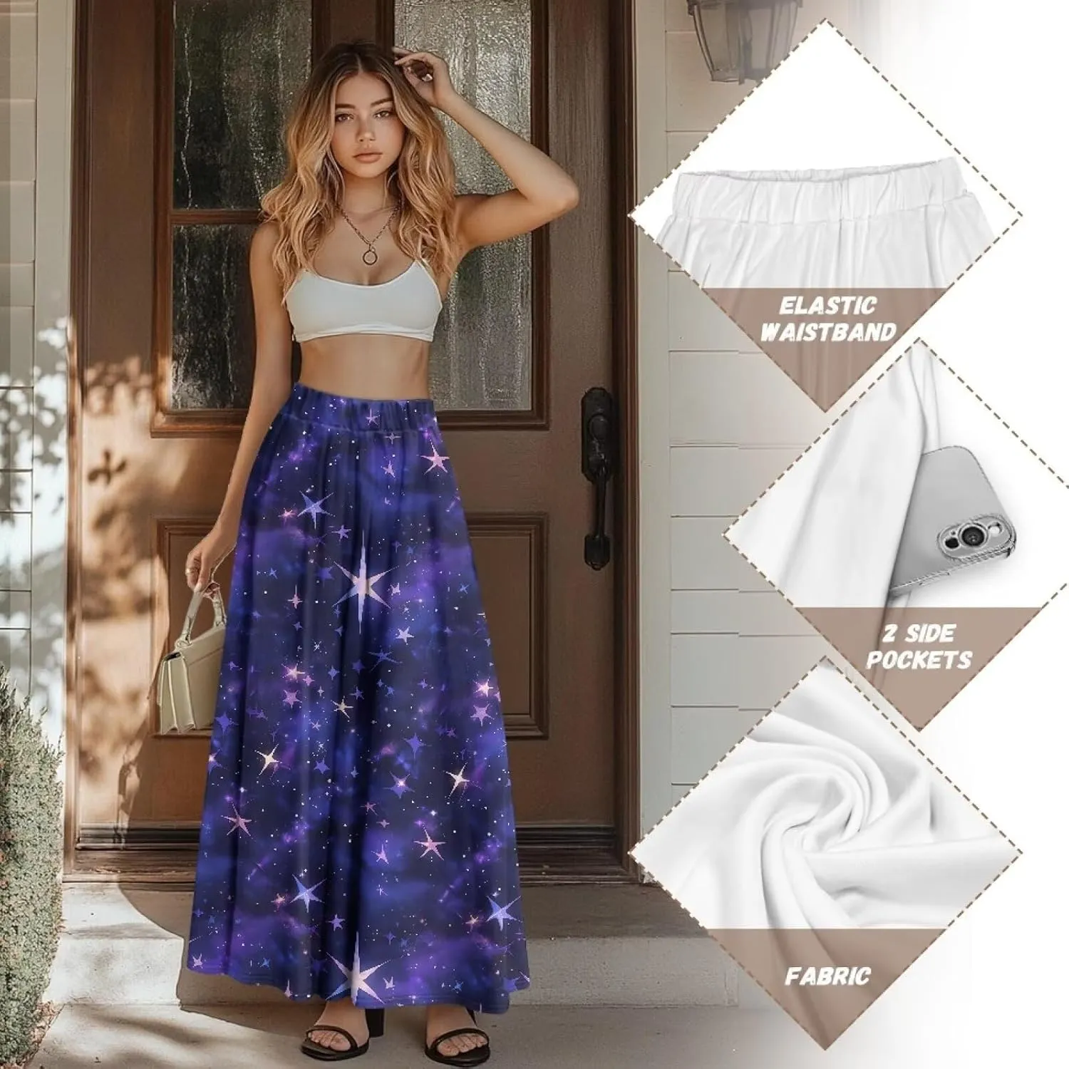 Irisjudy Women Maxi Skirt Red Lip Sunflower Flowy Swing Summer Beach Skirt Galaxy Starry Sky Elastic Waist A-Line Long Skirts
