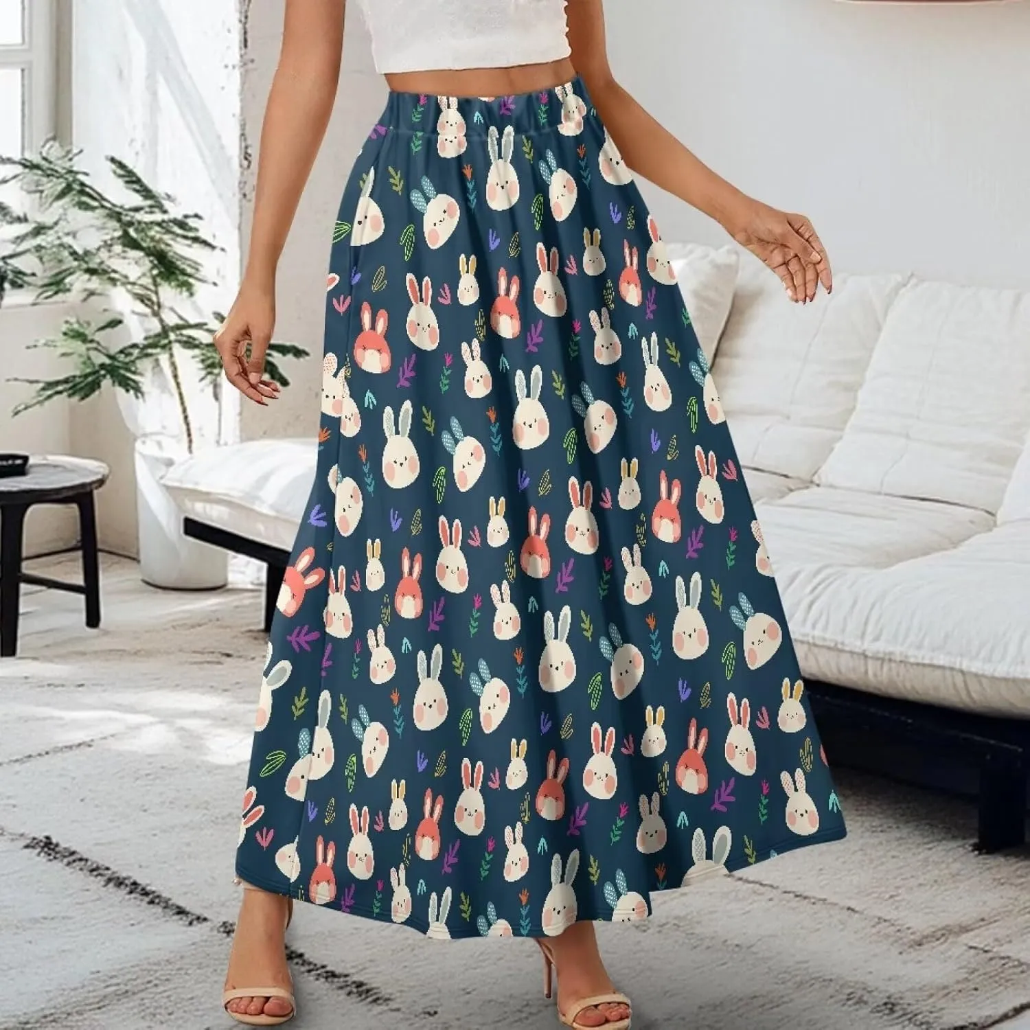 Irisjudy Women Maxi Skirt Red Lip Sunflower Flowy Swing Summer Beach Skirt Galaxy Starry Sky Elastic Waist A-Line Long Skirts