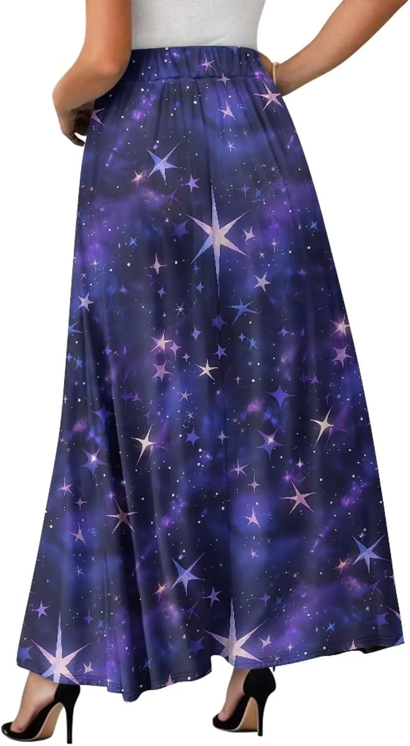 Irisjudy Women Maxi Skirt Red Lip Sunflower Flowy Swing Summer Beach Skirt Galaxy Starry Sky Elastic Waist A-Line Long Skirts