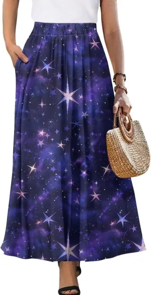 Irisjudy Women Maxi Skirt Red Lip Sunflower Flowy Swing Summer Beach Skirt Galaxy Starry Sky Elastic Waist A-Line Long Skirts