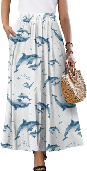 Irisjudy Women Maxi Skirt Red Lip Sunflower Flowy Swing Summer Beach Skirt Galaxy Starry Sky Elastic Waist A-Line Long Skirts