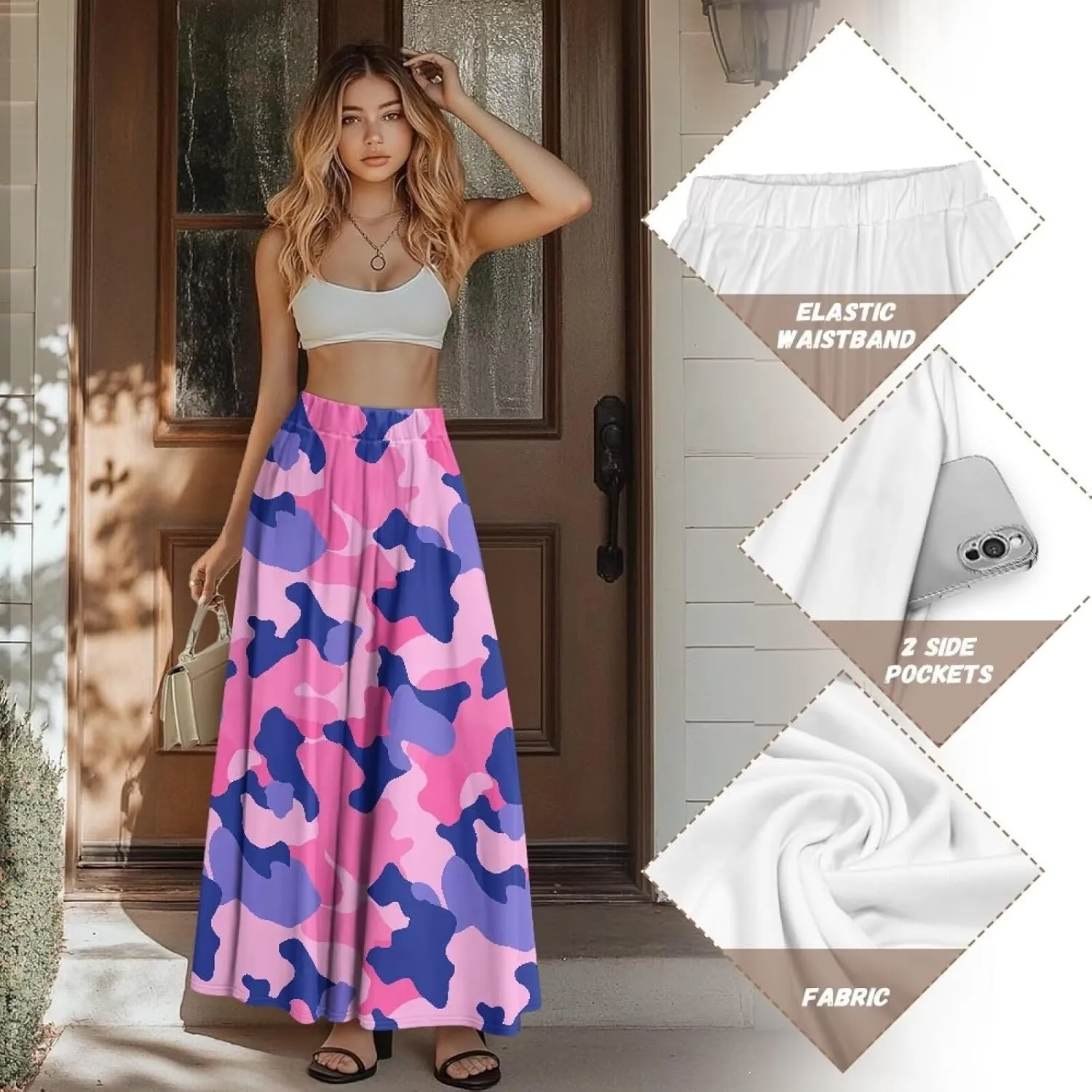 Irisjudy Women Maxi Skirt Red Lip Sunflower Flowy Swing Summer Beach Skirt Galaxy Starry Sky Elastic Waist A-Line Long Skirts