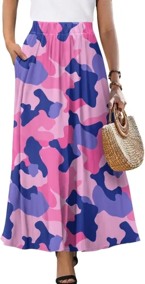 Irisjudy Women Maxi Skirt Red Lip Sunflower Flowy Swing Summer Beach Skirt Galaxy Starry Sky Elastic Waist A-Line Long Skirts