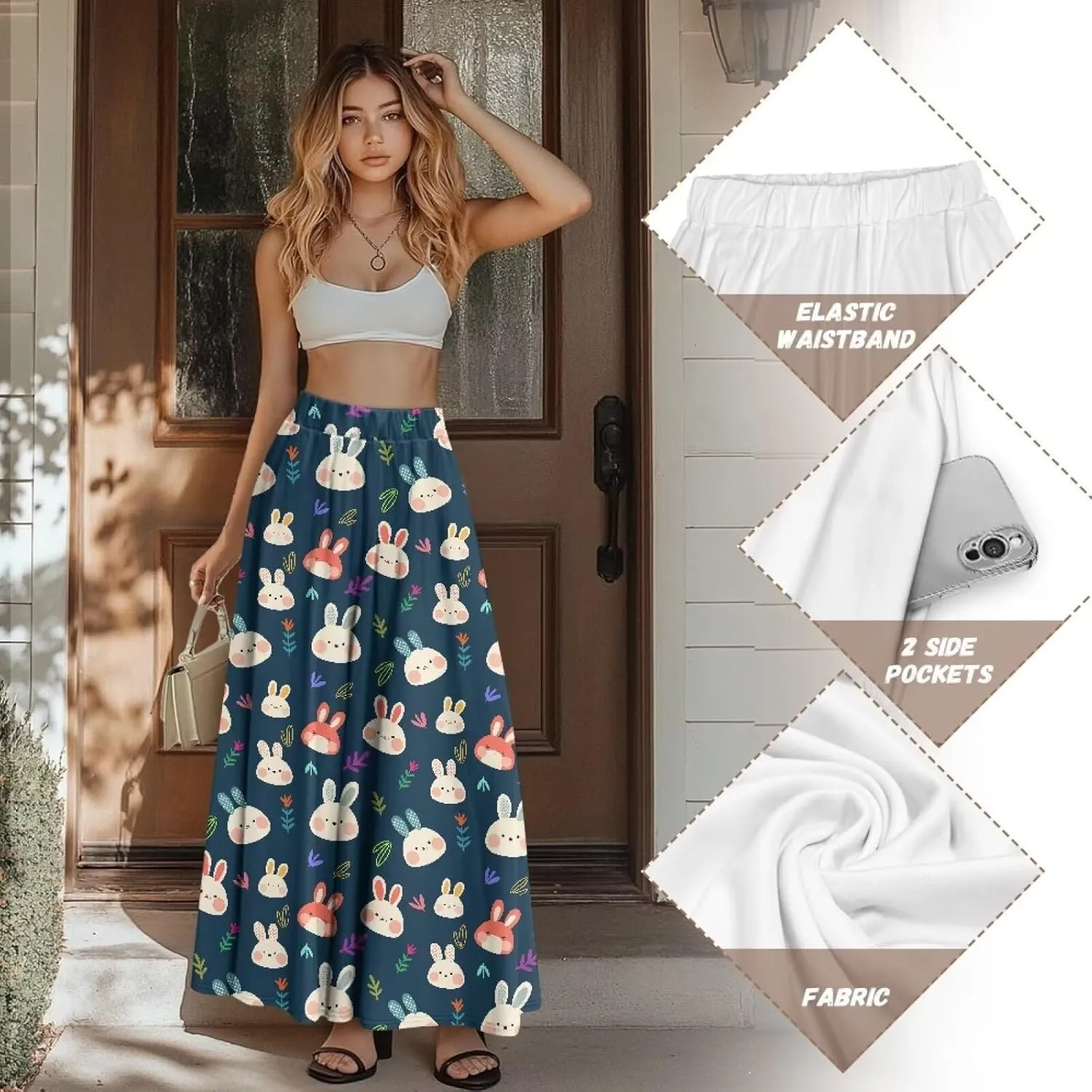 Irisjudy Women Maxi Skirt Red Lip Sunflower Flowy Swing Summer Beach Skirt Galaxy Starry Sky Elastic Waist A-Line Long Skirts