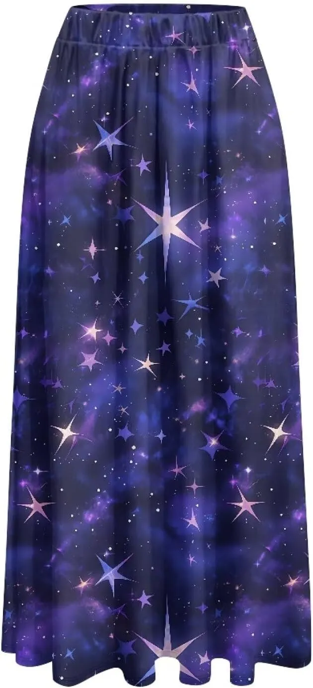 Irisjudy Women Maxi Skirt Red Lip Sunflower Flowy Swing Summer Beach Skirt Galaxy Starry Sky Elastic Waist A-Line Long Skirts