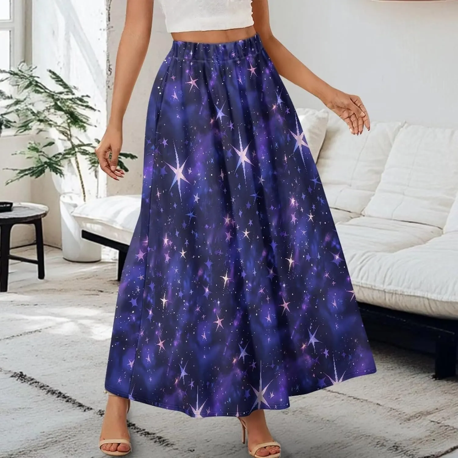 Irisjudy Women Maxi Skirt Red Lip Sunflower Flowy Swing Summer Beach Skirt Galaxy Starry Sky Elastic Waist A-Line Long Skirts