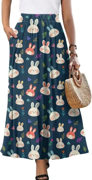 Irisjudy Women Maxi Skirt Red Lip Sunflower Flowy Swing Summer Beach Skirt Galaxy Starry Sky Elastic Waist A-Line Long Skirts