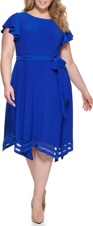 Jessica Howard Women's Flutter Sleeve High Neck Hanky Hem Tie Waist Midi Dress