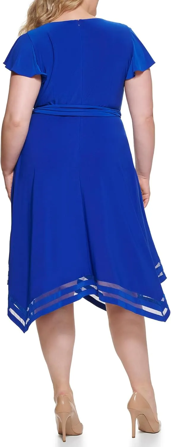 Jessica Howard Women's Flutter Sleeve High Neck Hanky Hem Tie Waist Midi Dress