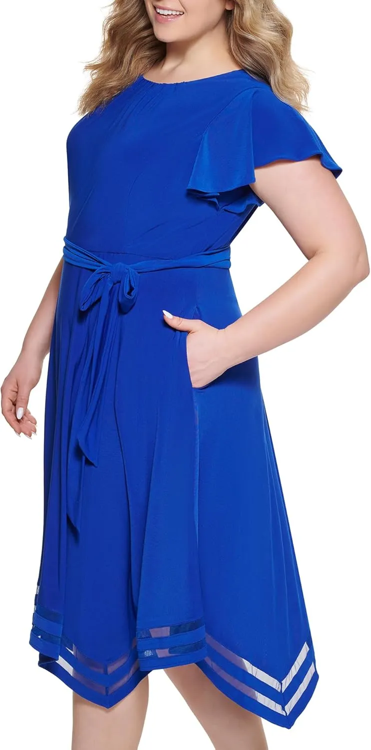 Jessica Howard Women's Flutter Sleeve High Neck Hanky Hem Tie Waist Midi Dress