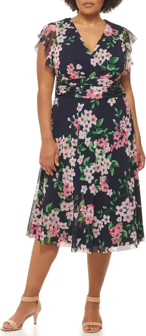Jessica Howard Women's Flutter Sleeve V-Neck Fit & Flare Midi Dress