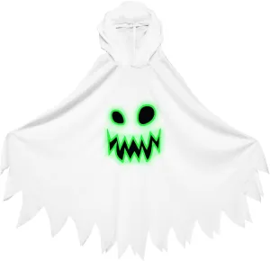 JGCWorker Kids Glow-in-the-Dark Ghost Costume - Boo Hooded Cloak with Scary Face, Halloween Cape for Trick-or-Treating