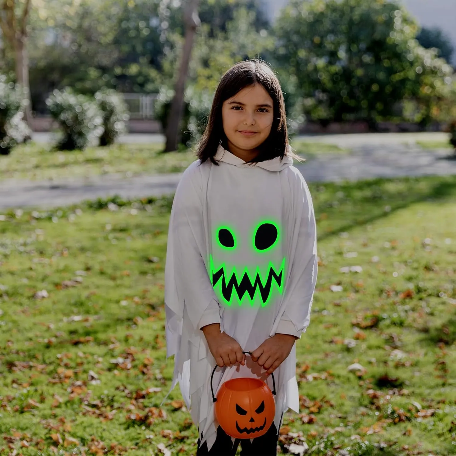 JGCWorker Kids Glow-in-the-Dark Ghost Costume - Boo Hooded Cloak with Scary Face, Halloween Cape for Trick-or-Treating