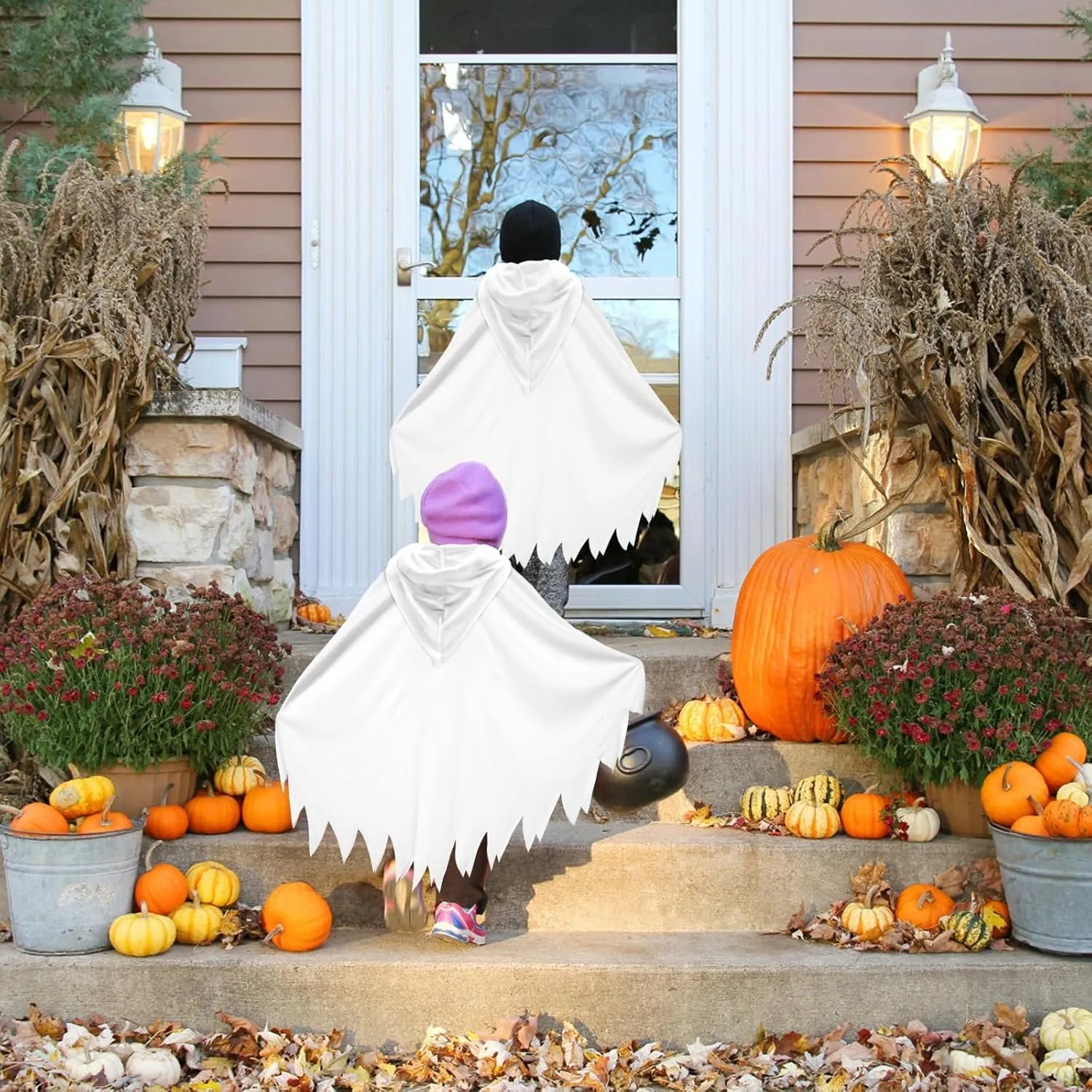 JGCWorker Kids Glow-in-the-Dark Ghost Costume - Boo Hooded Cloak with Scary Face, Halloween Cape for Trick-or-Treating