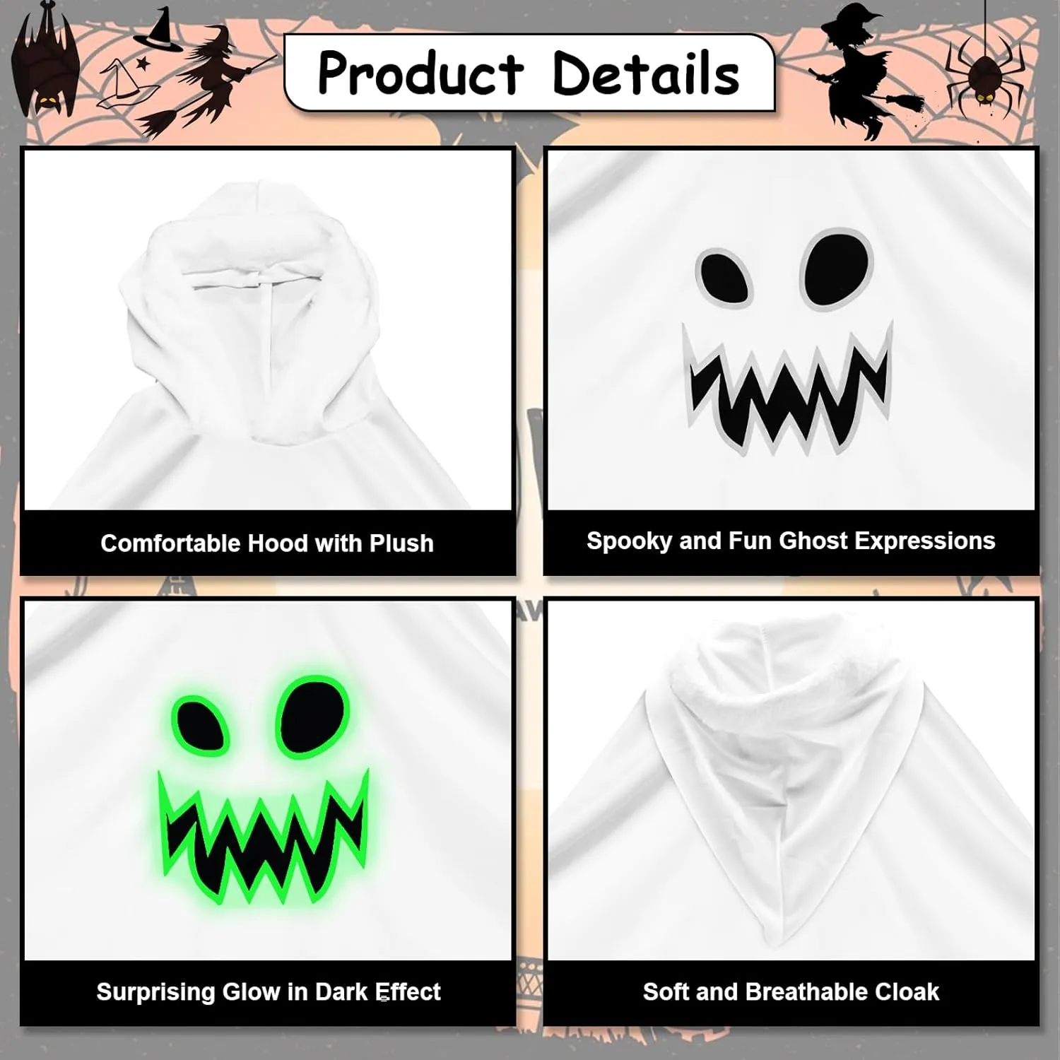 JGCWorker Kids Glow-in-the-Dark Ghost Costume - Boo Hooded Cloak with Scary Face, Halloween Cape for Trick-or-Treating