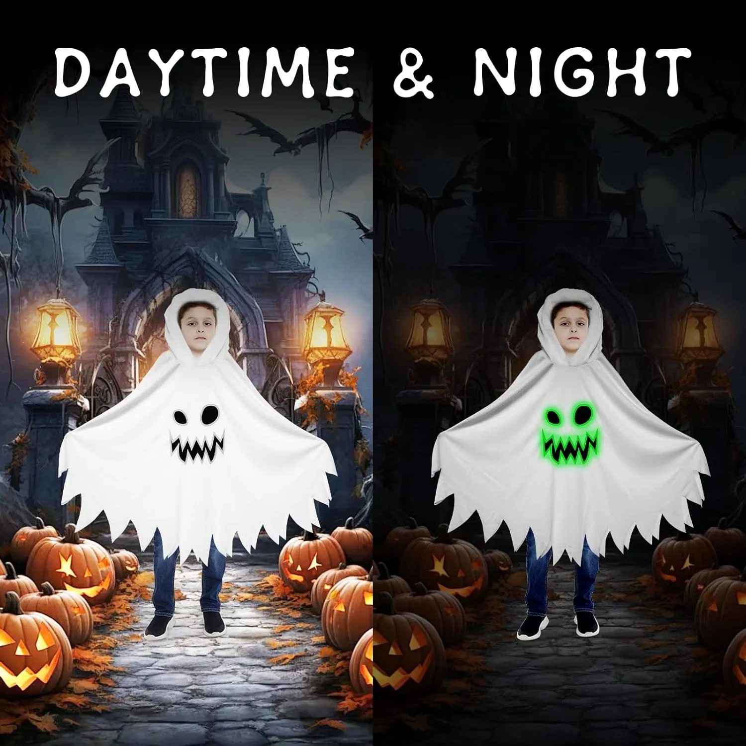 JGCWorker Kids Glow-in-the-Dark Ghost Costume - Boo Hooded Cloak with Scary Face, Halloween Cape for Trick-or-Treating