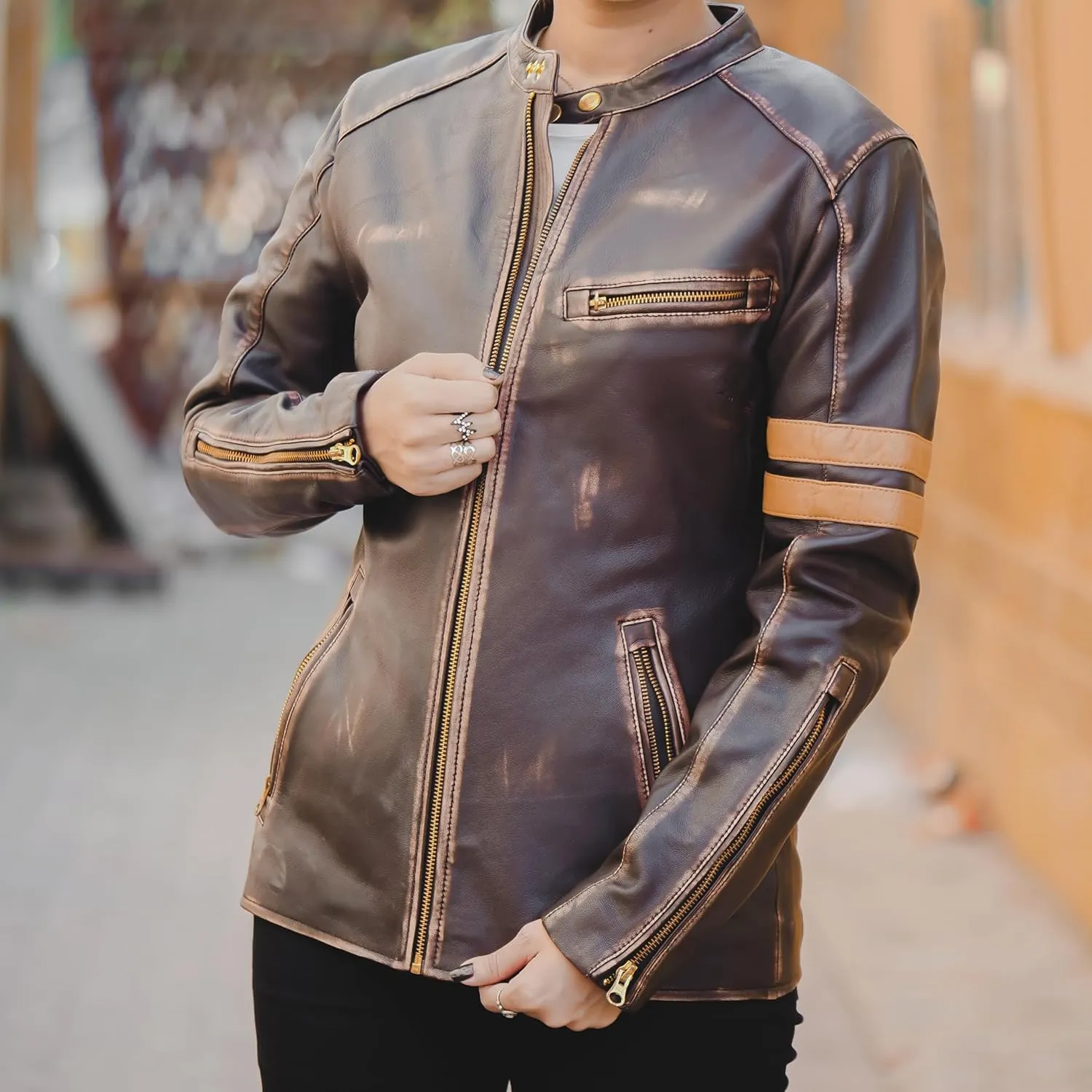 Jild Vintage Caf Racer Genuine Leather Jacket Women - Distressed Leather Moto Biker Style Slim Fit Motorcycle Jacket Women