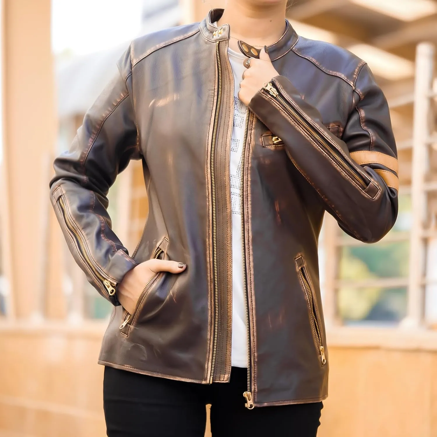 Jild Vintage Caf Racer Genuine Leather Jacket Women - Distressed Leather Moto Biker Style Slim Fit Motorcycle Jacket Women