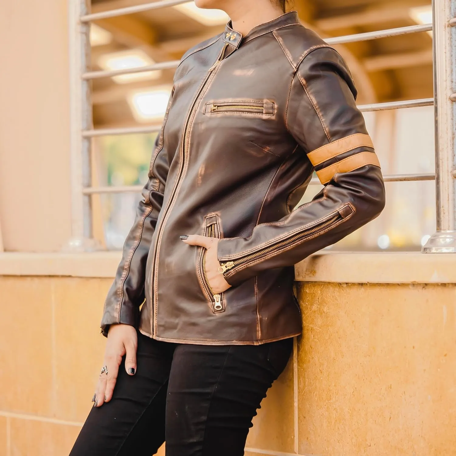 Jild Vintage Caf Racer Genuine Leather Jacket Women - Distressed Leather Moto Biker Style Slim Fit Motorcycle Jacket Women