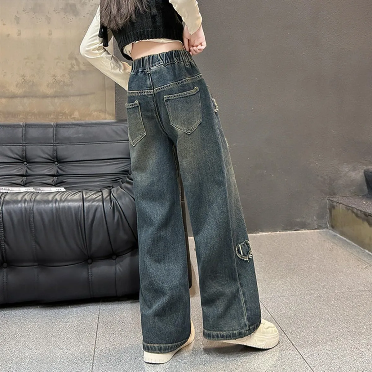 Kids Girls Baggy Jeans Heart Print Casual Wide Leg Loose fit Denim Pants Size 5-14 Years
