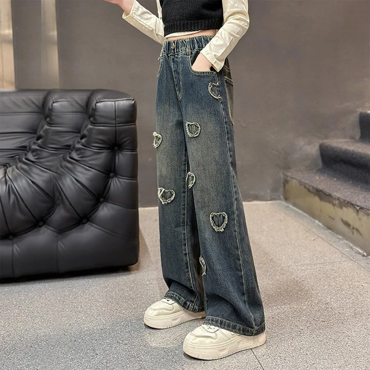 Kids Girls Baggy Jeans Heart Print Casual Wide Leg Loose fit Denim Pants Size 5-14 Years