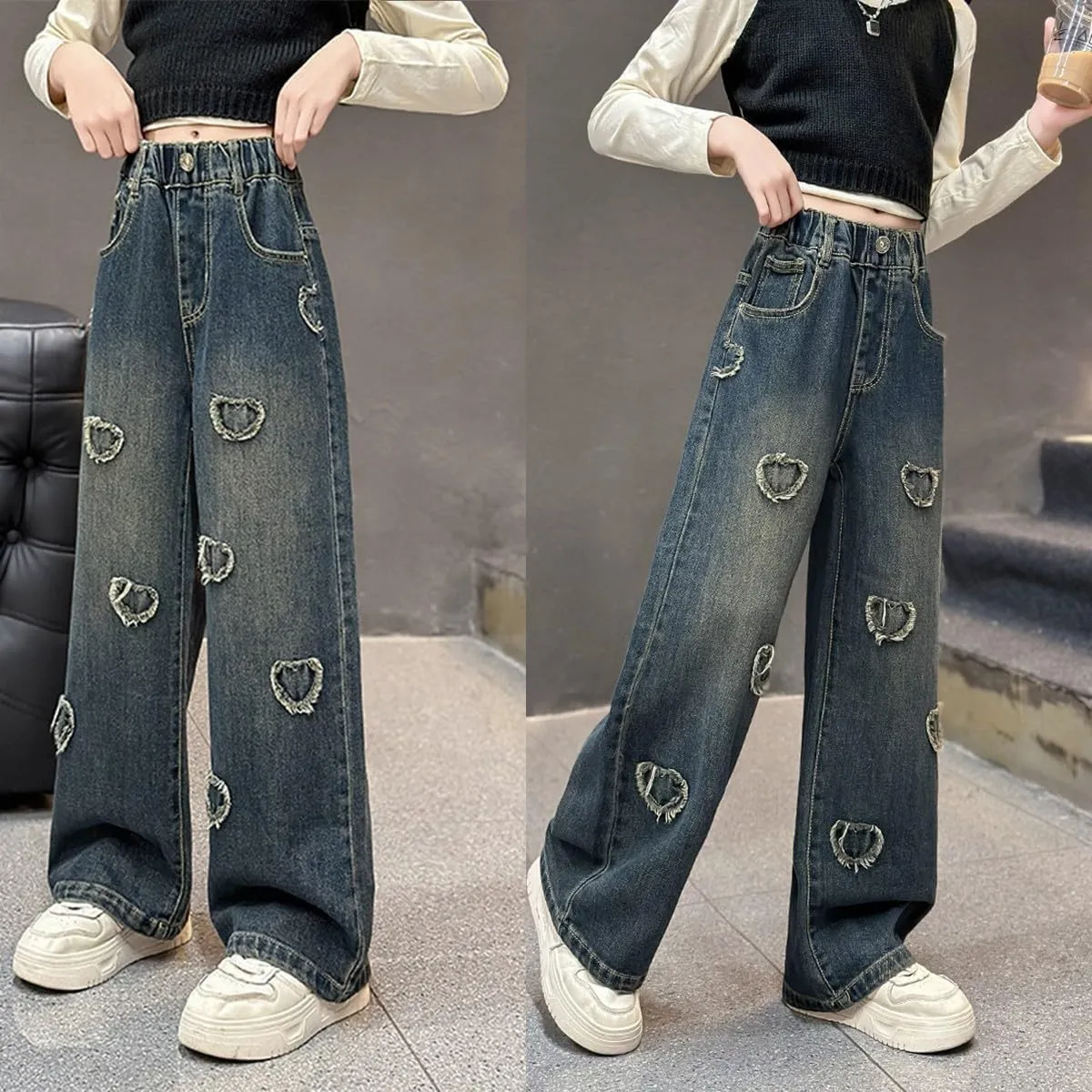 Kids Girls Baggy Jeans Heart Print Casual Wide Leg Loose fit Denim Pants Size 5-14 Years