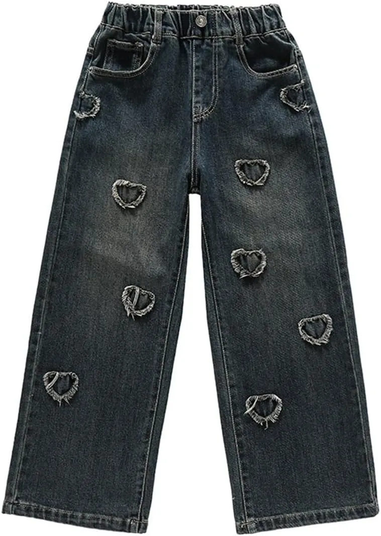 Kids Girls Baggy Jeans Heart Print Casual Wide Leg Loose fit Denim Pants Size 5-14 Years