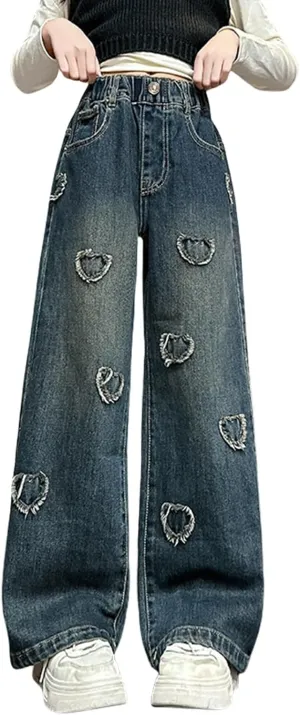 Kids Girls Baggy Jeans Heart Print Casual Wide Leg Loose fit Denim Pants Size 5-14 Years