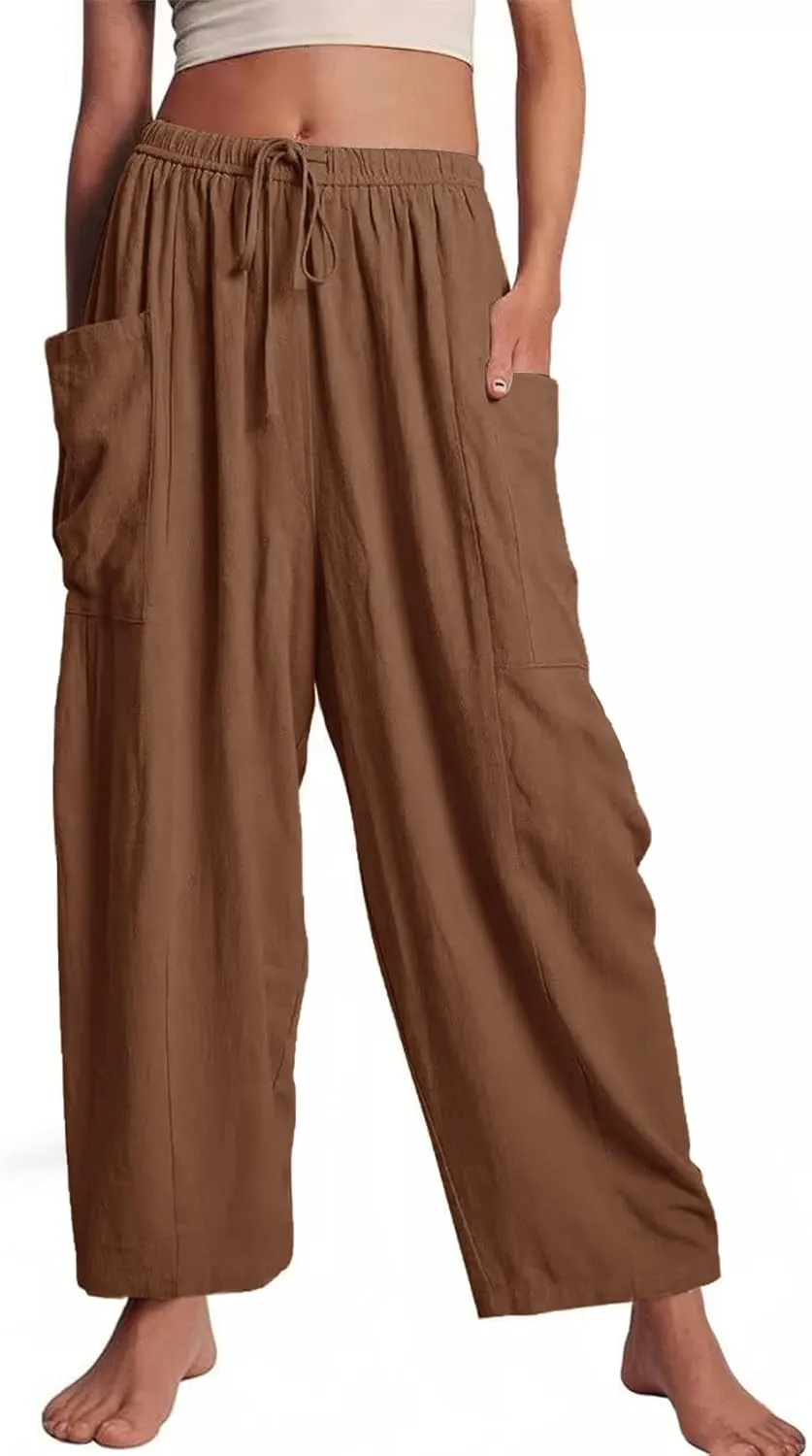 Kissonic Womens Wide Leg Pants Casual Loose Drawstring Flowy Summer Beach Palazzo Harem Pants with Pockets