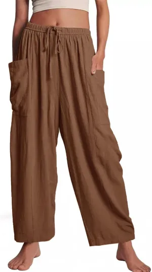 Kissonic Womens Wide Leg Pants Casual Loose Drawstring Flowy Summer Beach Palazzo Harem Pants with Pockets