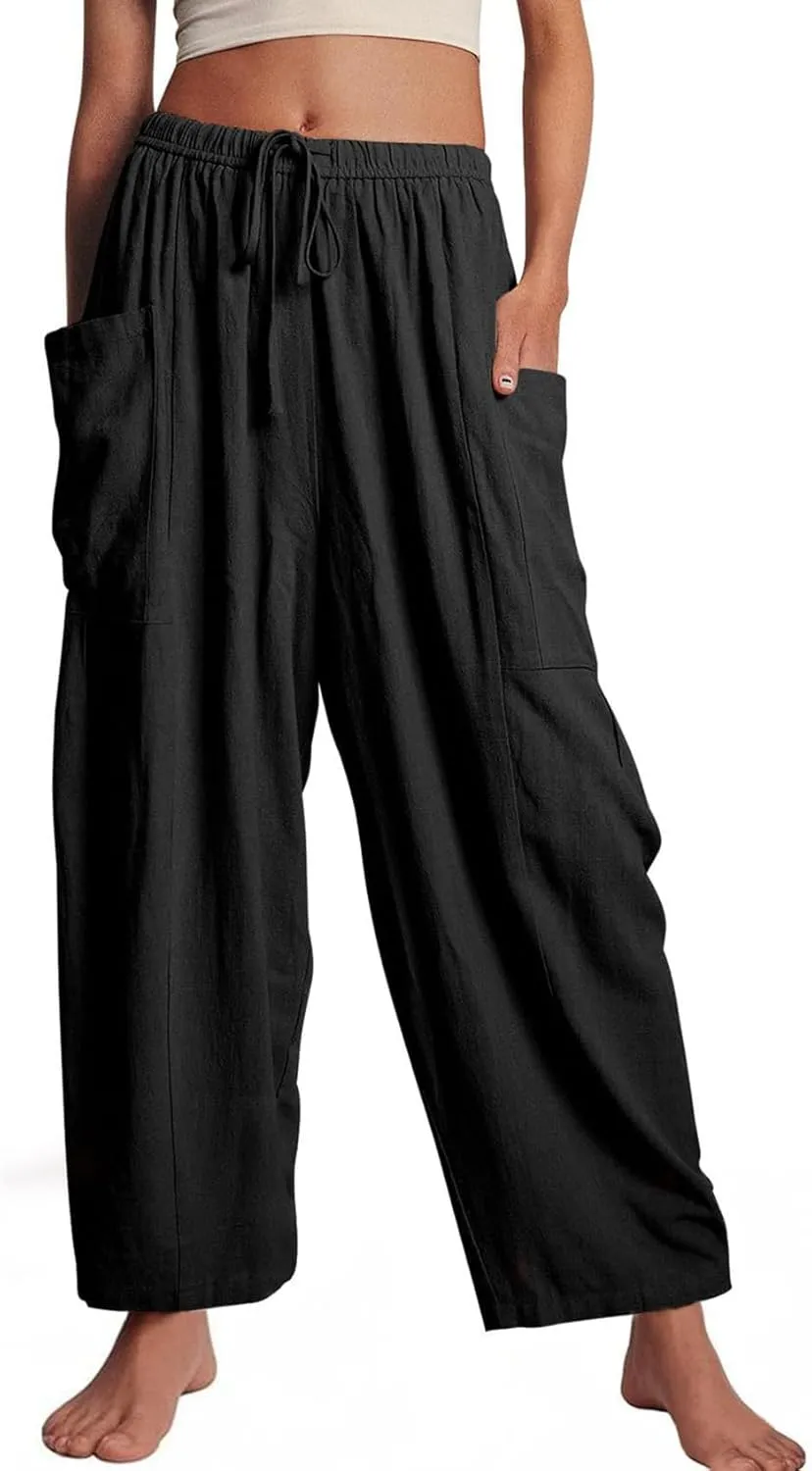 Kissonic Womens Wide Leg Pants Casual Loose Drawstring Flowy Summer Beach Palazzo Harem Pants with Pockets