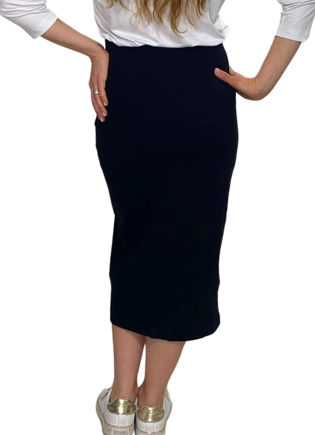 Kosher Casual Fitted Pencil Skirt Mid-Calf Stretch Cotton Rib - Closed Hem Women