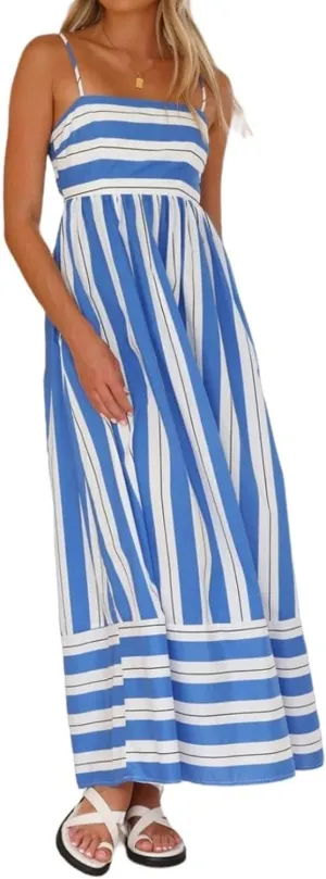 Kubbon Maxi Dress for Women Sleeveless Striped Sundress Spaghetti Strap Boho Long Dresses Flowy Swing Beach A Line Dress