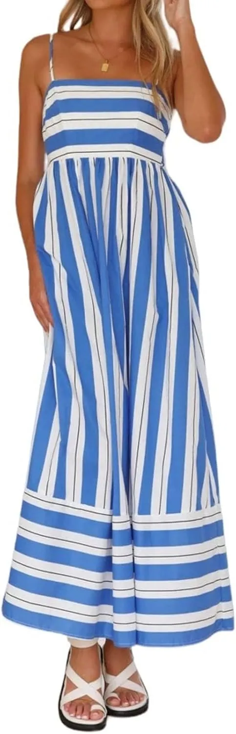 Kubbon Maxi Dress for Women Sleeveless Striped Sundress Spaghetti Strap Boho Long Dresses Flowy Swing Beach A Line Dress