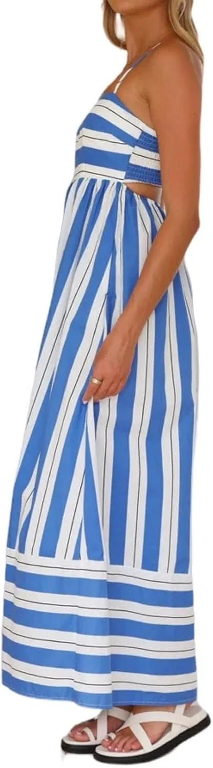 Kubbon Maxi Dress for Women Sleeveless Striped Sundress Spaghetti Strap Boho Long Dresses Flowy Swing Beach A Line Dress