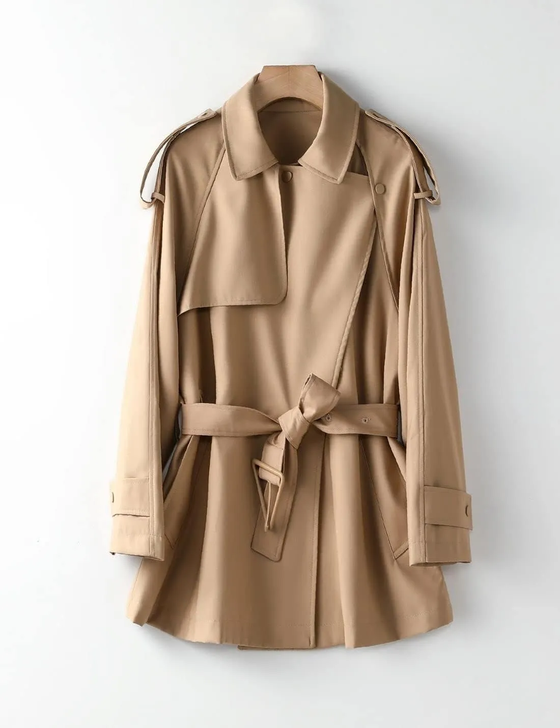 Kwoki Women's Short Trench Coat with Belt Double Breasted Notched Lapel Windbeaker Outwear Pea Coat