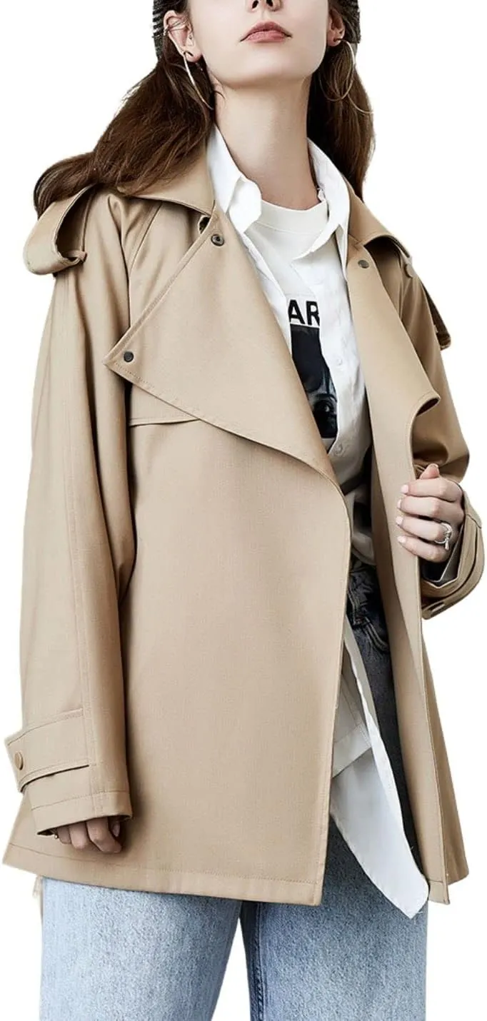 Kwoki Women's Short Trench Coat with Belt Double Breasted Notched Lapel Windbeaker Outwear Pea Coat
