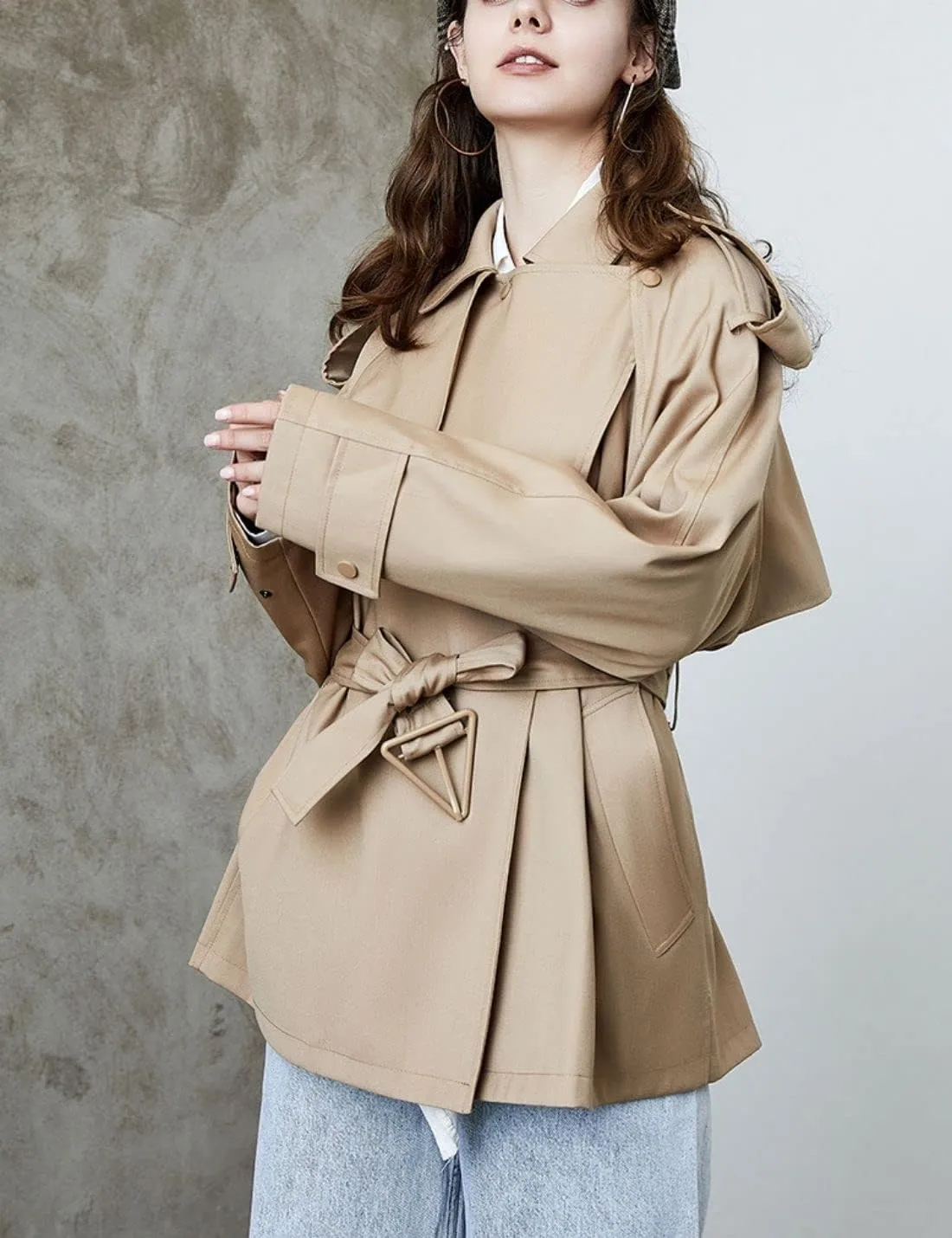 Kwoki Women's Short Trench Coat with Belt Double Breasted Notched Lapel Windbeaker Outwear Pea Coat