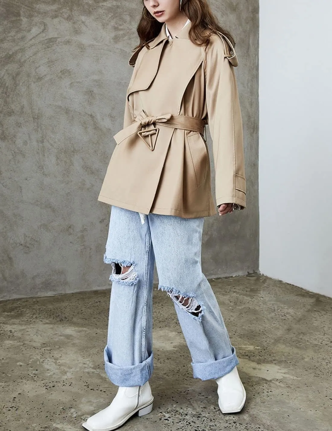 Kwoki Women's Short Trench Coat with Belt Double Breasted Notched Lapel Windbeaker Outwear Pea Coat