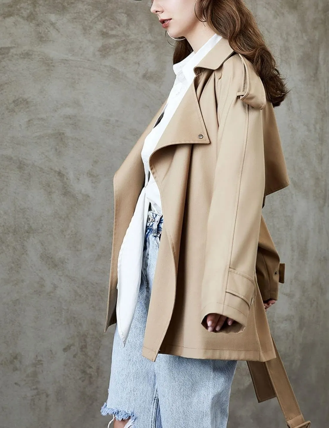 Kwoki Women's Short Trench Coat with Belt Double Breasted Notched Lapel Windbeaker Outwear Pea Coat