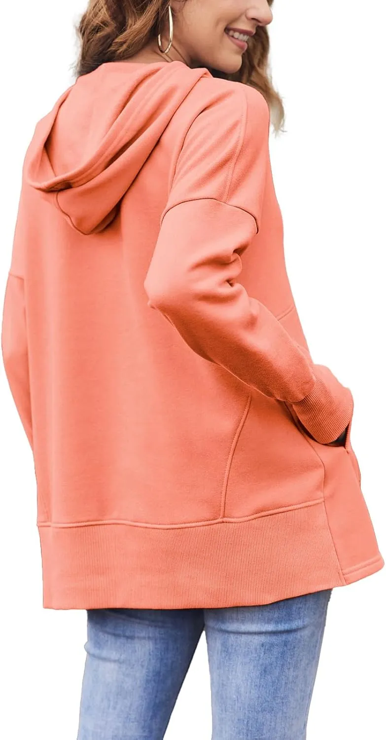 LaLaLa Women Button Down V Neck Hoodies Casual Long Sleeve Oversized Pullover Sweatshirt Hooded Tops with Pockets